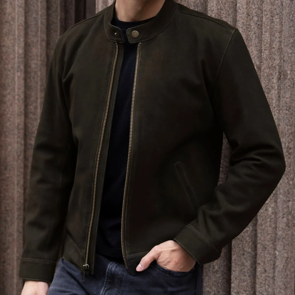 Racer Jacket | Dark Olive Suede