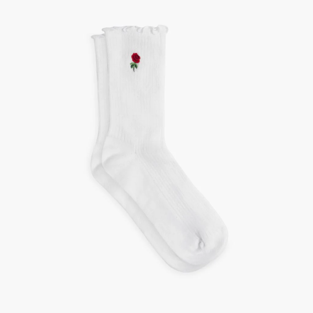 Women's Ruffle Rib Quarter Sock | White x Rose Embroidery